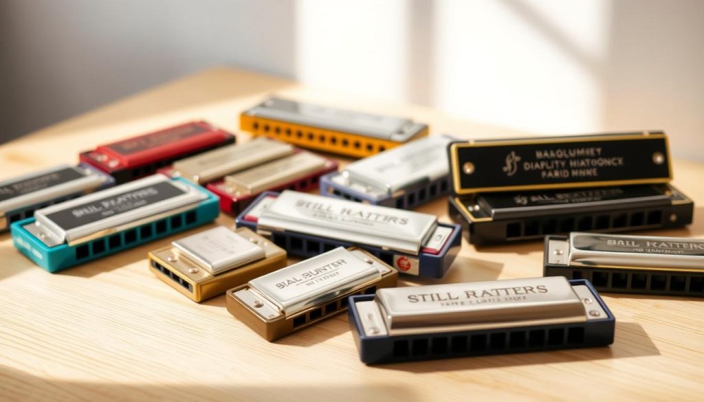 A detailed comparison of the prices and availability of high-quality diatonic harmonicas. The scene features a thoughtfully arranged display of various harmonicas in different colors and sizes, arranged on a clean, minimalist wooden surface. Soft, natural lighting from the side creates depth and highlights the harmonicas' textures and finishes. The focus is on the harmonicas themselves, with the background blurred to emphasize the subject. The overall mood is one of careful consideration and consumer-friendly information, conveying the idea of an informed purchasing decision.