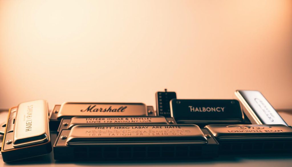 A visually striking display of affordable harmonica brands, showcased in a well-lit, professional studio setting. The harmonicas are arranged in the foreground, their polished metallic bodies and distinct shapes capturing the viewer's attention. The middle ground features a clean, minimalist background, allowing the harmonicas to take center stage. Warm, directional lighting casts subtle shadows, adding depth and dimension to the scene. The overall mood is one of quality, affordability, and the allure of these versatile musical instruments, inviting the viewer to imagine the rich, soulful tones they can produce.