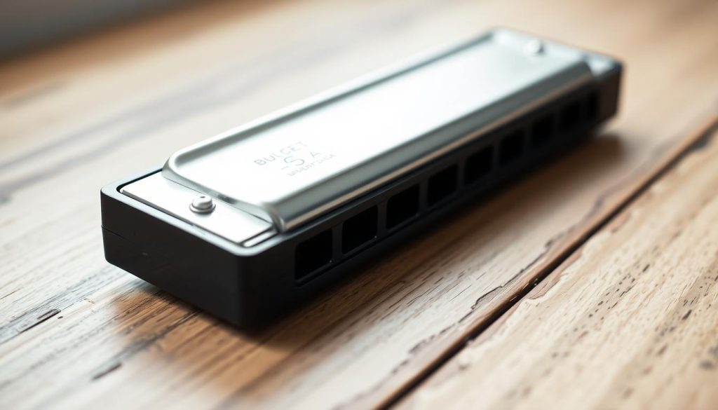 Prompt A close-up view of a budget-friendly diatonic harmonica, resting on a wooden surface. The harmonica has a sleek, modern design with a matte black casing and silver-toned reeds. The lighting is soft and diffused, highlighting the harmonica's clean lines and the subtle textures of the wood. The background is slightly blurred, allowing the harmonica to be the focal point of the image, conveying a sense of simplicity and practicality. The overall mood is one of understated elegance, reflecting the idea that a high-quality musical instrument doesn't have to be expensive to be valuable.