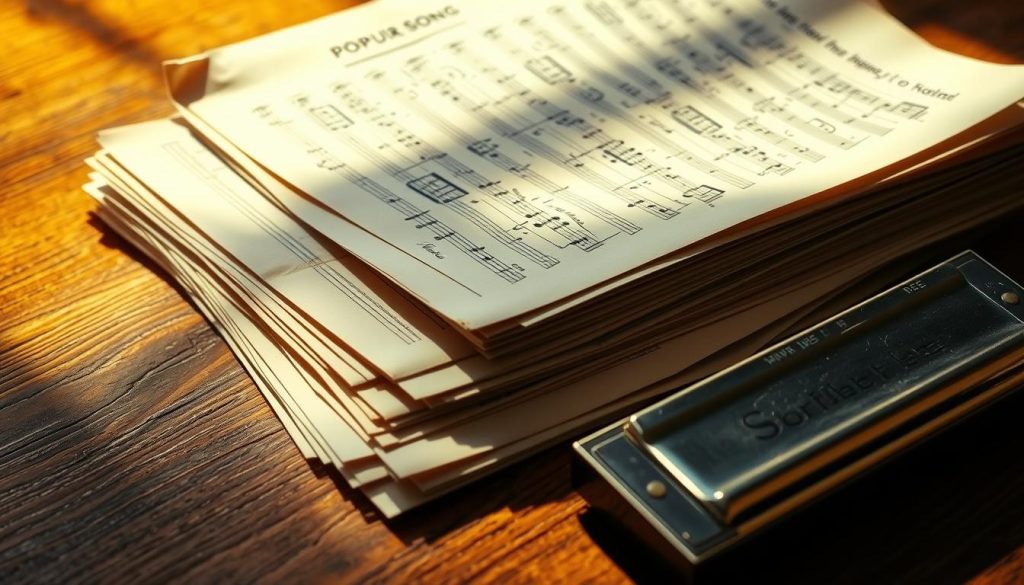 A stack of sheet music for popular songs, neatly arranged on a wooden table, casting soft shadows. The pages are weathered and well-loved, with handwritten notes in the margins. A vintage harmonica lies nearby, its metal surface gleaming in the warm, diffused lighting. The composition emphasizes the tactile, nostalgic nature of the scene, inviting the viewer to imagine the melodies that might fill the air. The overall mood is cozy, reflective, and imbued with a sense of musical heritage.