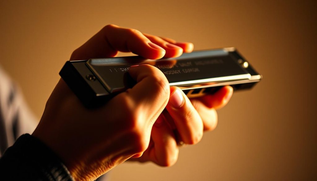 A close-up view of a person's hands playing a harmonica, the focus on the fingers skillfully moving across the instrument. The harmonica is highlighted against a softly blurred, muted background, creating a sense of intimacy and concentration. The lighting is gentle, creating warm shadows and highlights that accentuate the texture of the harmonica and the player's skin. The composition is balanced, with the hands and harmonica occupying the central focal point. The mood is pensive, reflective, capturing the essence of the "main melody" being played on this iconic instrument.
