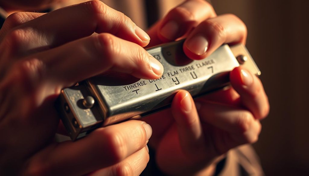 A skilled harmonica player performs advanced techniques on a well-worn, silver-toned instrument. Intricate bending and embellishments create a dynamic, emotive performance. The player's hands are in close focus, fingers deftly manipulating the reeds, conveying a sense of concentration and mastery. The background is softly blurred, placing emphasis on the harmonica and the player's expressive playing. Warm, directional lighting subtly illuminates the scene, casting shadows that accentuate the instrument's details. The overall mood is one of artistry, technical prowess, and the deeply personal nature of harmonica performance.