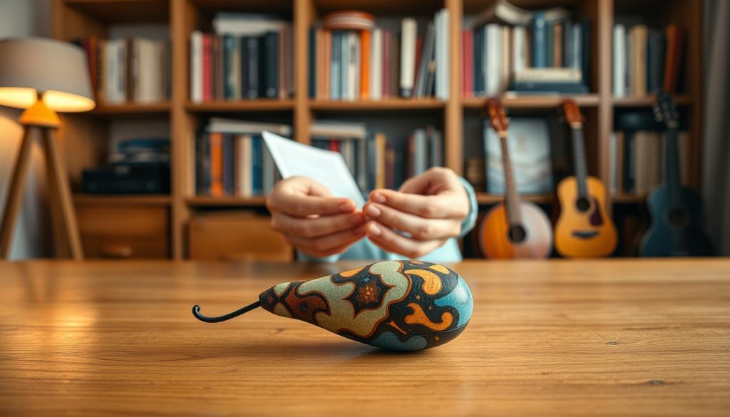 A serene indoor setting showcasing a beautifully crafted ocarina made of clay, displayed on a polished wooden table in the foreground. The ocarina features intricate designs and vibrant glazes, glistening under soft, warm lighting from a nearby lamp. In the middle ground, a pair of hands wearing modest casual clothing gently hold the ocarina, demonstrating a beginner's grip. Behind them, a blurred bookshelf filled with music books and an assortment of other musical instruments creates an inviting atmosphere, suggesting an area dedicated to musical practice. The mood is focused and contemplative, emphasizing the journey of learning and mastering the ocarina, with a cozy and welcoming ambiance inviting viewers to explore their musical potential.