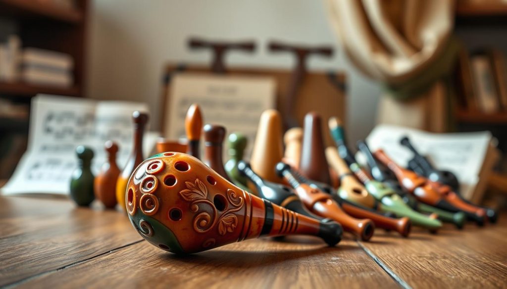 An artistic depiction of various ocarinas arranged on a wooden table, showcasing different sizes, shapes, and colors to illustrate the concept of "ocarina accordage." In the foreground, focus on an intricately designed ocarina with vibrant glazes and detailed carvings, reflecting the light softly. In the middle, include a selection of ocarinas of varying tessitura, from high-pitched to deeper-toned, demonstrating their diverse tonal qualities. The background features a blurred, warm-lit studio environment, perhaps with sheet music and a soft, textured cloth drape. The overall atmosphere is inviting and educational, with gentle, diffused lighting highlighting the beauty of these musical instruments. Aim for a realistic yet artistic style, enhancing the focus on the craftsmanship of the ocarinas.