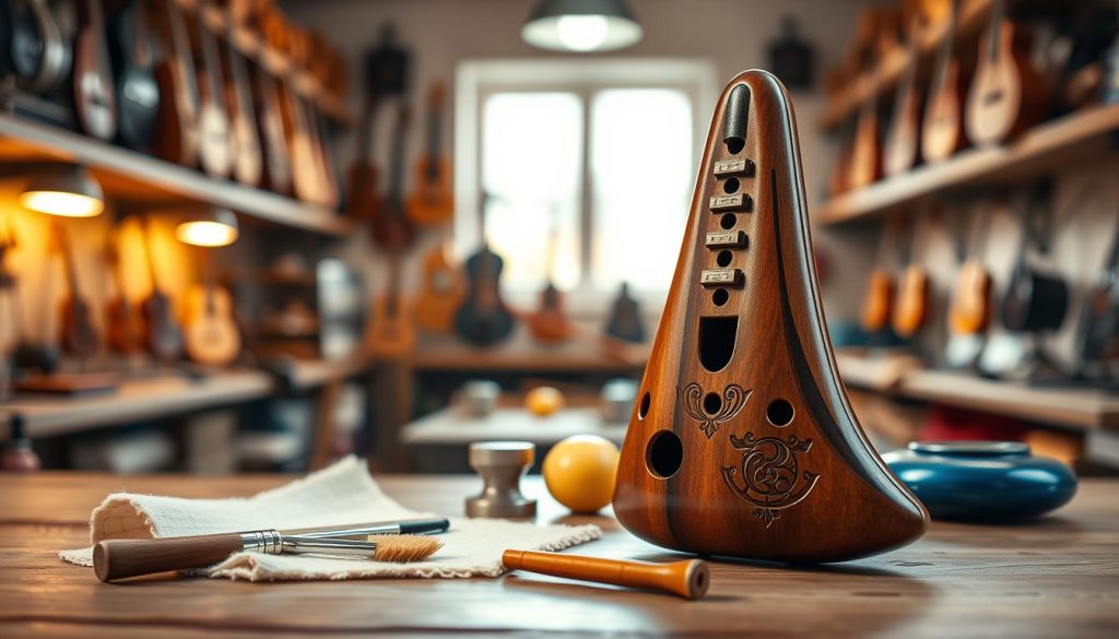 An elegant, well-maintained ocarina displayed prominently in the foreground, showcasing its unique design and craftsmanship with intricate detailing. Surrounding the ocarina, a set of professional tools for maintenance—such as a soft cloth, cleaning brushes, and a polish—arranged neatly as a subtle reminder of care. In the middle ground, a soft-focus artisan workshop setting, filled with warm, ambient light filtering through a window, casting a gentle glow. In the background, shelves lined with various musical instruments, hinting at artistry and craftsmanship, create a calm and inviting atmosphere. The overall mood is one of tranquility and professionalism, emphasizing the care needed for maintaining the ocarina to ensure its longevity and performance.
