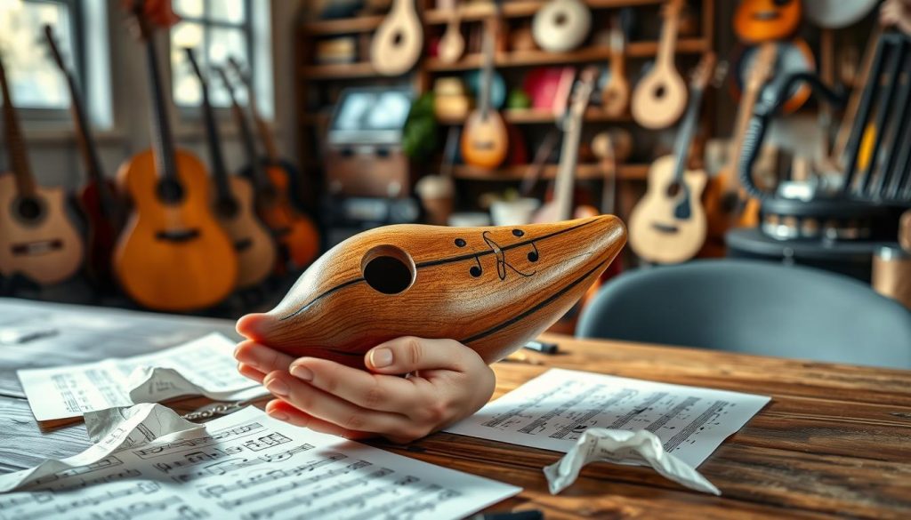 An elegant wooden ocarina prominently displayed on a rustic wooden table, with soft natural lighting illuminating its smooth curves and hand-painted details. In the foreground, a pair of hands gently cradles the ocarina, showcasing the delicate craftsmanship. The middle ground features music sheets with notes, partially crumpled, adding texture to the scene. In the background, a blurred view of a cozy music room filled with shelves of various musical instruments and warm, inviting colors, creating an atmosphere of creativity and inspiration. The overall mood is calm and artistic, inviting viewers to explore the beauty and intricacies of the ocarina as a cherished musical instrument.