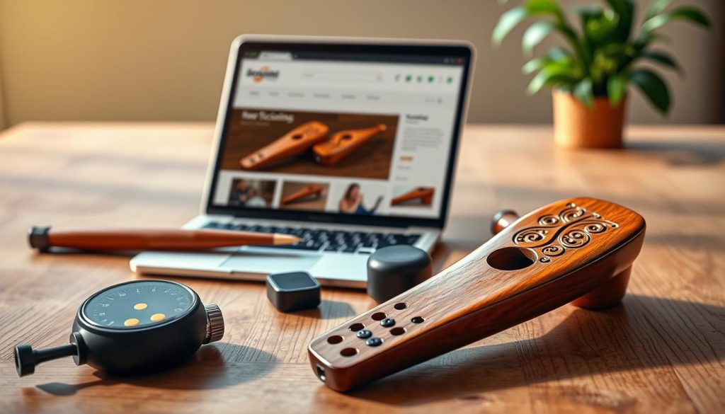 A beautifully arranged flat lay showcasing essential tools for purchasing a wooden ocarina online. In the foreground, prominently display a well-crafted wooden ocarina with intricate carvings, its rich brown surface glinting in soft, natural light. Next to it, position a fine-tuning pitch pipe and a digital tuner, both gleaming with a professional finish. In the middle ground, include a laptop screen displaying a vibrant e-commerce page featuring ocarinas, illustrating key buying advice. The background should be a softly blurred wooden table, enhancing the cozy atmosphere. Warm, diffused lighting creates an inviting mood, ideal for focusing on the details and nuances of purchasing music instruments online. Ensure a clean composition, free of distractions.