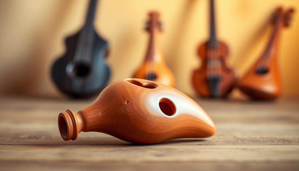 A beautifully crafted soprano ocarina made from terracotta, showcasing its intricate details and unique shapes, prominently placed in the foreground. The instrument features a smooth, glossy finish with a natural earthy color palette, highlighting the craftsmanship. In the middle ground, softly blurred ocarinas of alto and bass sizes are arranged elegantly, demonstrating their varying proportions. The background is a soft, dreamy gradient of warm, muted colors that evoke a sense of tranquility, mimicking the soothing sounds of the ocarinas. Use soft, diffused lighting to create gentle reflections on the ocarina's surface, capturing the warm tones and textures. The atmosphere is calm and inviting, ideal for emphasizing the differences in sound. The angle is slightly elevated, providing a clear view of the soprano ocarina, while subtly hinting at its musical context.