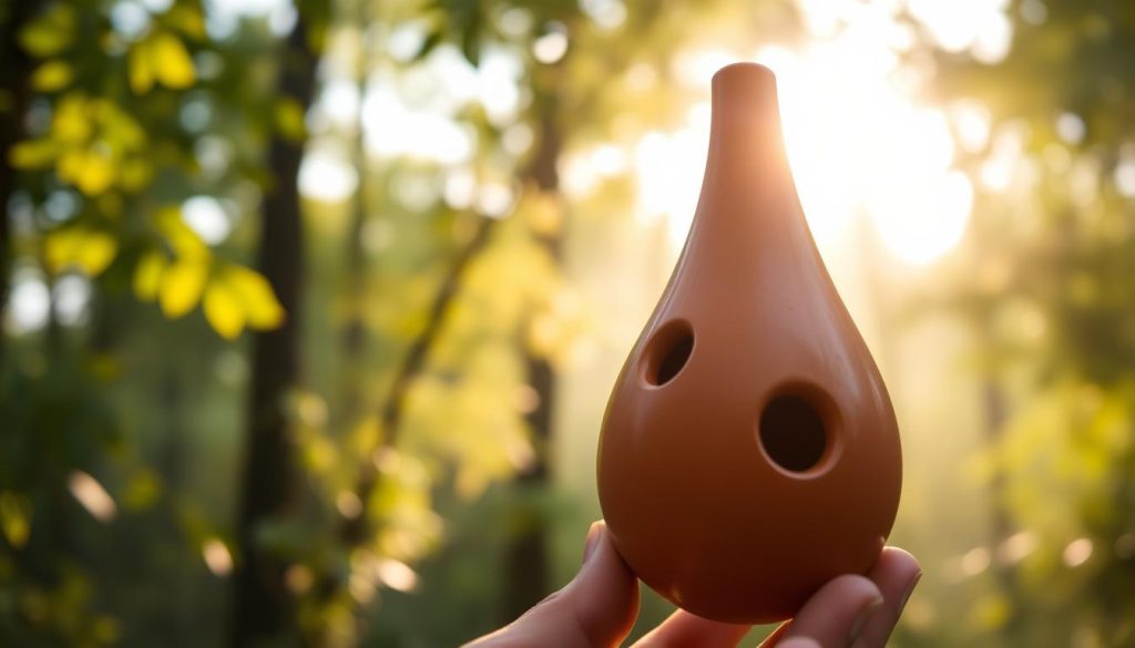 A beautifully crafted terracotta ocarina designed for ergonomic grip, prominently displayed in the foreground, showcasing its smooth curves and finger holes. The ocarina is set against a softly blurred naturalistic background of a serene, sunlit forest, highlighting its earthy tones. In the middle ground, hints of lush green foliage and dappled sunlight create a tranquil atmosphere, enhancing its organic appeal. The scene is illuminated with warm, golden hour lighting that casts gentle shadows, bringing out the texture and craftsmanship of the ocarina. The angle is slightly tilted to emphasize the handheld aspect, inviting the viewer to appreciate its relationship to the human hand. The mood is peaceful and contemplative, ideal for illustrating the importance of ergonomic design in musical instruments.