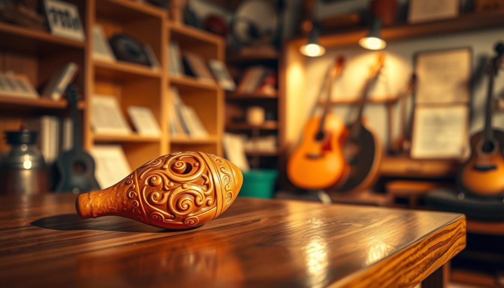 A beautifully crafted terracotta ocarina, featuring intricate designs that reflect traditional craftsmanship, rests elegantly on a polished wooden surface. The foreground showcases the ocarina in rich, earthy tones of brown and orange, capturing the texture of the clay and the delicate carvings adorning its body. In the middle ground, soft shadows dance, hinting at an inviting atmosphere, while a subtle play of light highlights the curves of the ocarina, emphasizing its artistic details. The background contains a blurred view of a cozy music nook, filled with warmly lit shelves lined with sheet music and additional musical instruments, creating a serene and inspiring environment. The overall mood is warm and inviting, reflecting the value and quality of this instrument without any distractions.