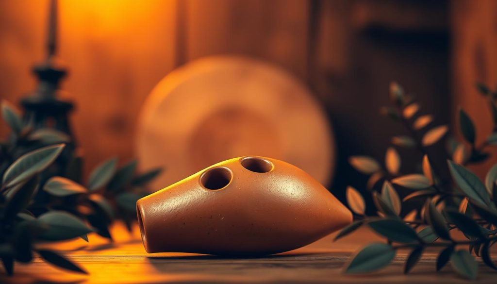 A beautifully crafted terracotta ocarina placed prominently in the foreground, showcasing its intricate details and unique vent design. The ocarina should be slightly angled to highlight its curves and the openings for sound production, glistening softly under warm, ambient lighting that creates an inviting atmosphere. In the middle background, a blurred, rustic wooden table adds texture, enhancing the earthy feel of the scene. Surrounding the ocarina, muted foliage softly frames the instrument, giving a sense of natural context. The overall mood is serene and artistic, ideal for emphasizing the craftsmanship and sound qualities of the ocarina, inviting the viewer to appreciate its beauty and musical potential.