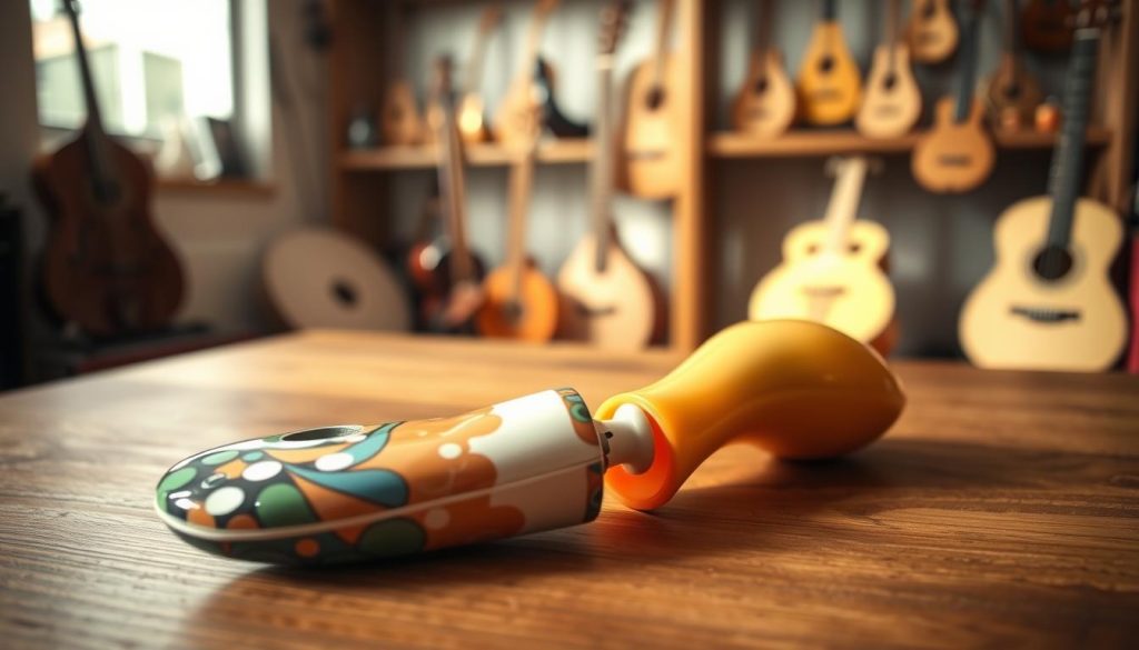 A detailed comparison of ceramic and plastic ocarinas, placed prominently in the foreground. The ceramic ocarina features intricate, colorful glazes with a shiny finish, reflecting light, while the plastic version is bright, smooth, and lightweight, showcasing vibrant hues. Both instruments are positioned on a wooden table, enhancing their contrasting textures. In the middle ground, softly diffused natural light filters through a nearby window, illuminating the ocarinas and creating gentle shadows. The background is a blurred shelf filled with various musical instruments to hint at a musical theme. The atmosphere is inviting and warm, perfect for a cozy discussion on musical craftsmanship, focusing on the nuances of their materials and tonal qualities.