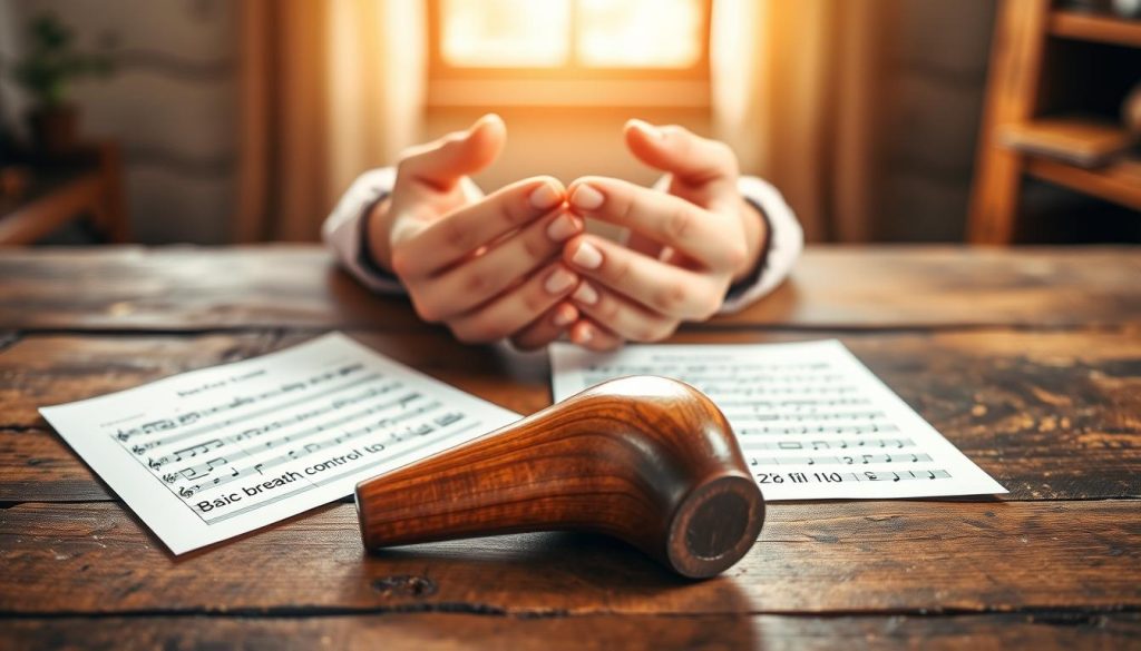 A serene and inviting setting showcasing a wooden ocarina as the focal point. In the foreground, the ocarina lies on a rustic wooden table along with simple sheet music, showcasing basic breath control techniques. In the middle, a pair of hands gently cradles the ocarina, fingers poised to demonstrate optimal finger placement. The background features soft-focused musical notes and a warm, tranquil room illuminated by soft natural light filtering through a nearby window. The atmosphere is calm and encouraging, ideal for beginners exploring the art of ocarina playing. The scene captures both a sense of tradition and the joy of learning music, with an emphasis on accessibility and comfort in mastering foundational techniques.