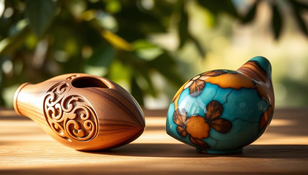 A visually striking comparison between wooden and ceramic ocarinas. In the foreground, display a polished wooden ocarina with intricate carvings showcasing its natural grain, and next to it, a smooth, glossy ceramic ocarina adorned with vibrant glazes. Position both instruments on a wooden table to emphasize their textures. In the middle, incorporate gentle lighting that highlights the curves and details of each ocarina, creating a warm atmosphere. In the background, softly blurred natural elements like leaves and soft sunlight filtering through, suggesting an outdoor setting associated with music and nature. The overall mood should convey harmony, craftsmanship, and the beauty of materials used in musical instruments.