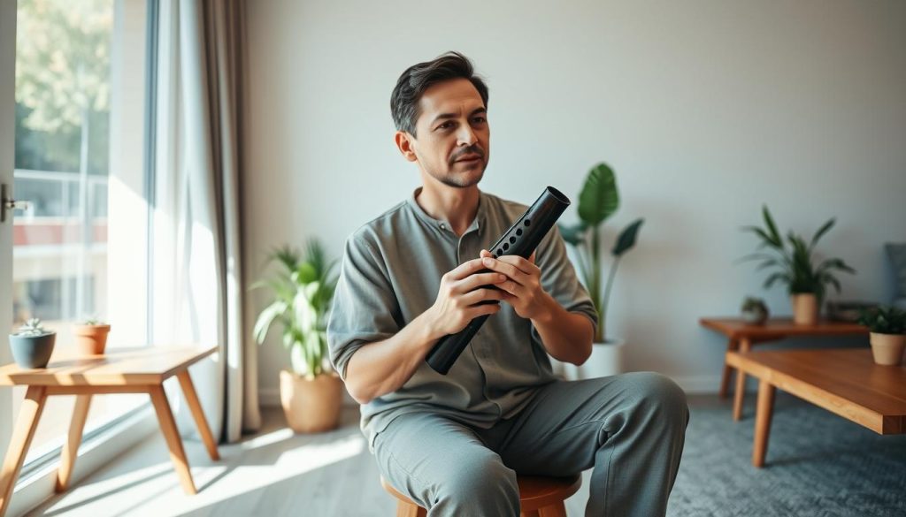 An adult person in a modest casual outfit sits comfortably on a stool, holding a ten-hole ocarina in a focused, relaxed posture. They are slightly angled to the left, with both hands delicately positioned on the instrument, as if in the process of playing. The background features a serene living space with soft, natural lighting streaming in through a nearby window, casting gentle shadows. A wooden table and some potted plants add warmth to the scene. The image captures a calm and inviting atmosphere, highlighting the intimacy of learning to play music. The camera angle is slightly above eye level, emphasizing both the player and the ocarina while providing a clear view of their posture and hand positioning.