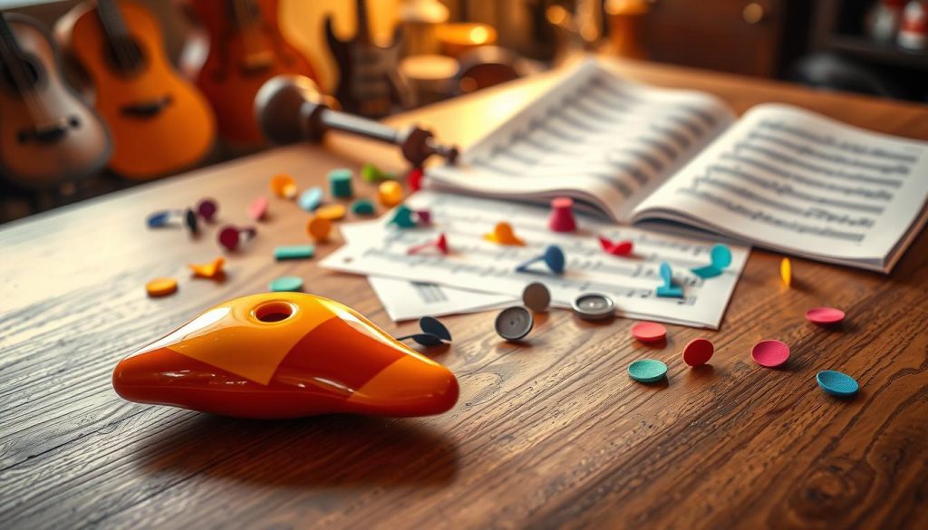 An artistic arrangement of colorful ocarina notes laid out on a polished wooden surface, with intricate detailing on each note showcasing their unique shapes and patterns. The foreground features a shiny, ceramic ocarina, elegantly poised beside the notes, capturing soft reflections of light. In the middle, scattered music sheets with handwritten notes and symbols add a touch of musicality and creativity. The background is softly blurred, hinting at a cozy, warm-lit room filled with musical instruments, creating an inviting atmosphere. The lighting is warm and natural, casting gentle shadows to enhance the textures. The overall mood is inspiring and educational, perfect for illustrating the fundamentals of playing the ocarina.