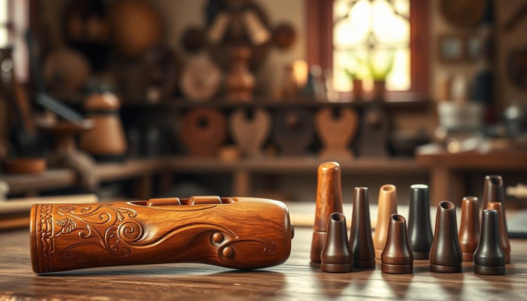 An artistic depiction of a wooden ocarina, surrounded by various sizes of mouthpieces to illustrate the selection process. In the foreground, place a beautifully crafted ocarina made of rich, polished wood with intricate carvings. Next to it, display several mouthpieces of different sizes and shapes, showcasing the options available. The middle ground features a softly blurred artisan workshop, with natural light filtering through a window, illuminating the scene and creating a warm atmosphere. Use a shallow depth of field to focus on the instruments, while the background remains softly out of focus, conveying a sense of craftsmanship and care in choosing the right instrument. Emphasize earthy tones and textures to evoke a connection to nature and music.