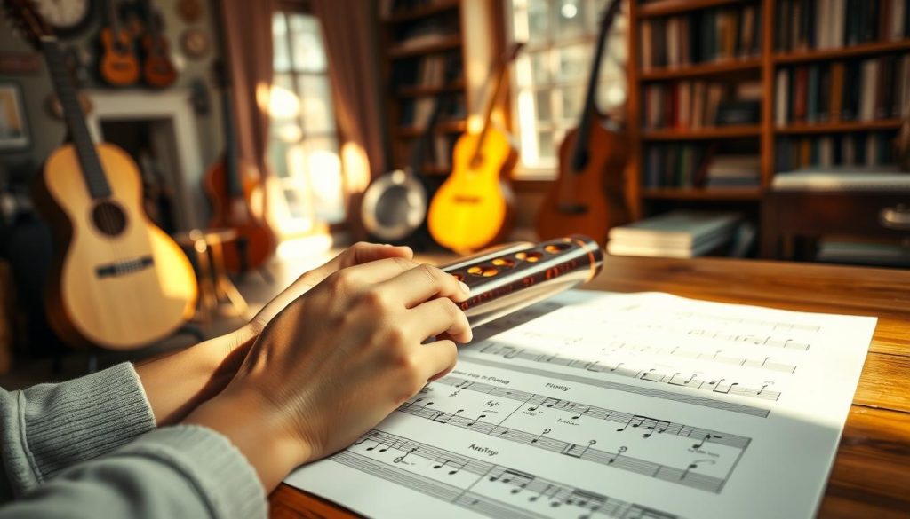 An ocarina surrounded by a warm, inviting atmosphere, positioned on a wooden table with sheet music displaying basic fingerings. In the foreground, a pair of hands delicately hold the ocarina, fingers precisely placed on the instrument's holes. The middle ground showcases a gentle sunlight filtering through a nearby window, casting soft shadows that enhance the textures of the ocarina and the sheet music. In the background, a blurred view of a cozy room filled with musical instruments and books, creating a relaxed and inspiring environment for learning. The lighting is natural and warm, evoking a sense of creativity and tranquility, perfect for an instructional setting.