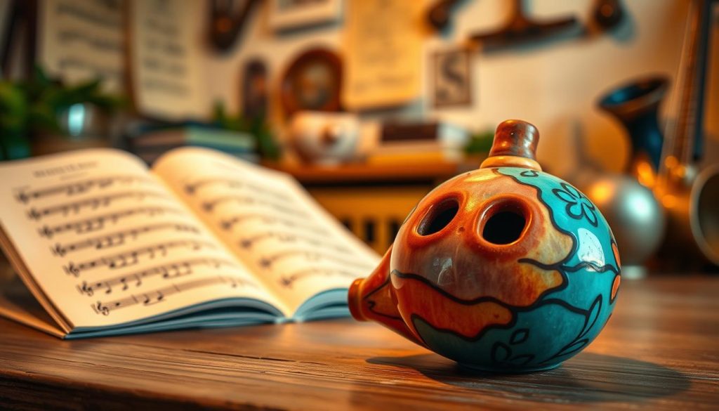 A beautifully crafted ocarina centered in the foreground, emphasizing its smooth, rounded shape and intricate detailing, showcasing vibrant colors and delicate patterns. The ocarina's surface glistens softly under warm, diffused lighting, highlighting its ceramic texture. In the middle ground, a blurred music sheet lies open, with notes that suggest a melody, reinforcing the idea of learning an instrument. The background features a cozy, softly lit room adorned with musical elements like sheet music and other wind instruments, creating an inviting atmosphere for exploration and understanding. The overall mood is serene and inspiring, inviting the viewer to appreciate the unique charm of the ocarina. A beautifully crafted ocarina centered in the foreground, emphasizing its smooth, rounded shape and intricate detailing, showcasing vibrant colors and delicate patterns. The ocarina's surface glistens softly under warm, diffused lighting, highlighting its ceramic texture. In the middle ground, a blurred music sheet lies open, with notes that suggest a melody, reinforcing the idea of learning an instrument. The background features a cozy, softly lit room adorned with musical elements like sheet music and other wind instruments, creating an inviting atmosphere for exploration and understanding. The overall mood is serene and inspiring, inviting the viewer to appreciate the unique charm of the ocarina.