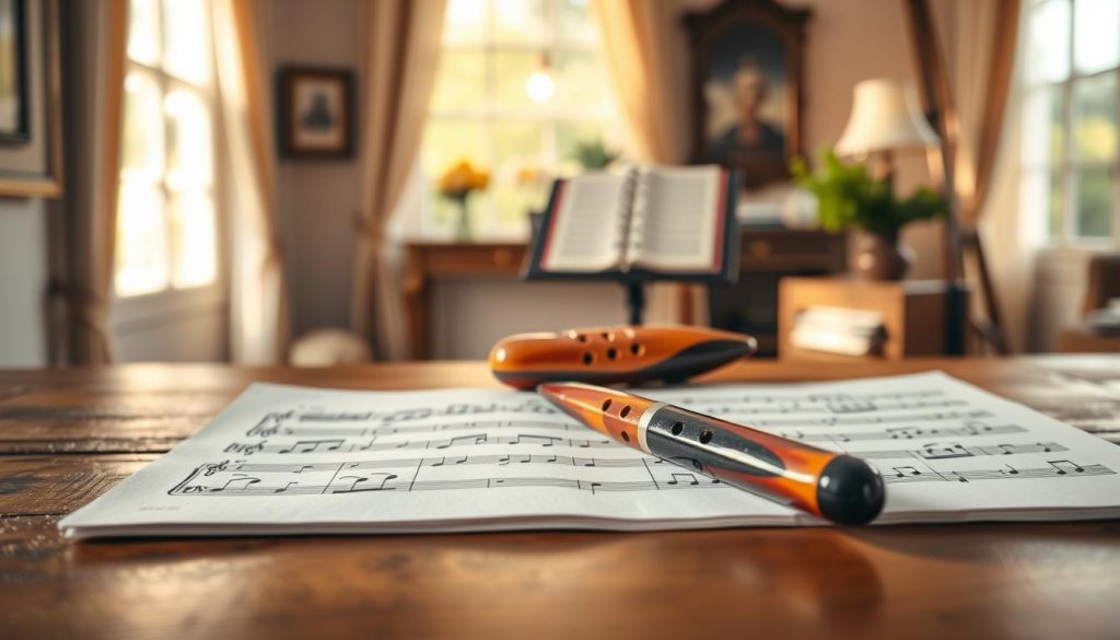 A beautifully rendered image of ocarina tablature displayed prominently on a wooden tabletop. The foreground highlights a detailed, hand-drawn tablature with clear notation, the lines crisp and well-defined. In the middle, add a polished ocarina made of ceramic, its colorful glaze catching the light, positioned beside an antique music stand. The background features a softly blurred room filled with warm, ambient lighting from a nearby window, enhancing a cozy and inviting atmosphere. Gentle shadows dance across the scene, giving depth and dimension. The overall mood embodies a sense of creativity and musical discovery, perfect for beginners learning to read ocarina music.
