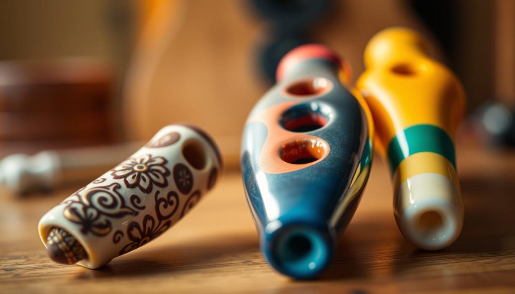 A close-up view of a beautifully crafted ocarina made from ceramic and plastic, showcasing the contrasting textures and colors of each material. In the foreground, the ceramic ocarina features intricate, hand-painted designs in earthy tones, while the plastic ocarina has a smooth, glossy finish with vibrant colors. The middle ground includes a subtle wooden surface that hints at a music studio setting. Soft, warm lighting highlights the details and creates gentle shadows, enhancing the depth of the materials. The background is softly blurred to emphasize the ocarinas, evoking a serene and artistic atmosphere. The image should convey a sense of choice and quality, reflecting the discussion of material differences in learning to play the instrument. A close-up view of a beautifully crafted ocarina made from ceramic and plastic, showcasing the contrasting textures and colors of each material. In the foreground, the ceramic ocarina features intricate, hand-painted designs in earthy tones, while the plastic ocarina has a smooth, glossy finish with vibrant colors. The middle ground includes a subtle wooden surface that hints at a music studio setting. Soft, warm lighting highlights the details and creates gentle shadows, enhancing the depth of the materials. The background is softly blurred to emphasize the ocarinas, evoking a serene and artistic atmosphere. The image should convey a sense of choice and quality, reflecting the discussion of material differences in learning to play the instrument.