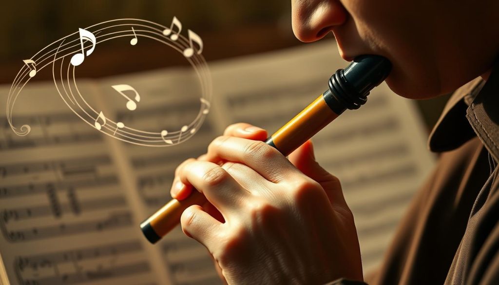 A close-up view of a skilled musician playing an ocarina, focusing on their hands delicately positioning the instrument. The musician wears professional yet modest attire, emphasizing concentration and mastery. In the background, there are musical notes floating in a harmonious swirl, representing rhythm and duration. Soft, warm lighting enhances the intimate atmosphere, casting gentle shadows that add depth to the scene. A blurred landscape of sheet music sits behind, suggesting a practice environment. The overall mood conveys dedication and artistry, capturing the essence of mastering musical notes. The image should evoke a sense of tranquility and focus, highlighting the beauty of music.