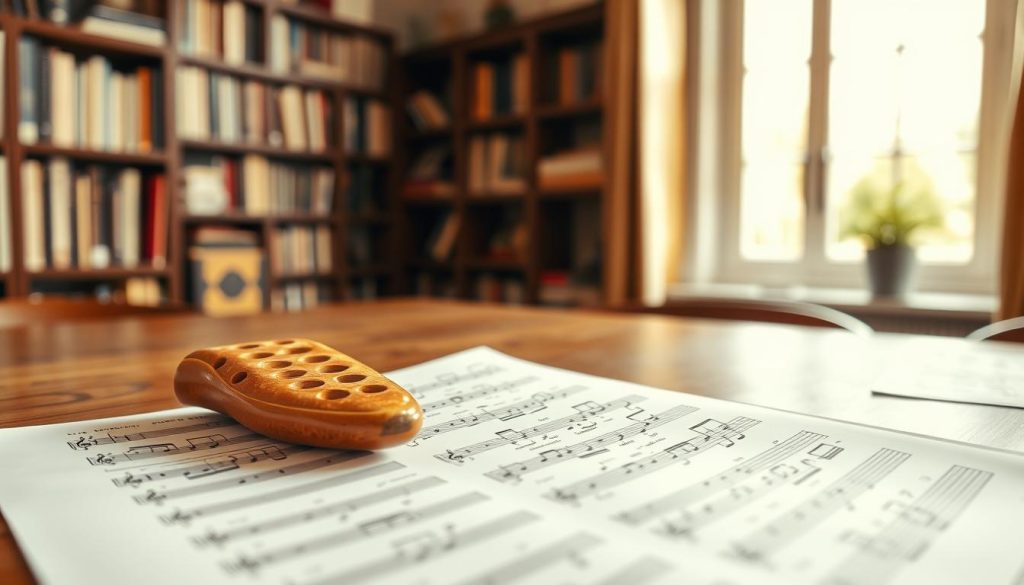 A detailed open ocarina tablature sheet laid out on a wooden table, with clear, vividly colored notes and fingerings illustrated. The foreground features an intricately designed ceramic ocarina resting beside the tablature. In the middle, a soft-focus background hints at a cozy, well-lit study environment with shelves lined with music books and a large window allowing warm natural light to filter through, creating an inviting and educational atmosphere. The scene is captured from a slight angle to emphasize the tablature and ocarina, with warm tones highlighting the craftsmanship of the instrument and the clarity of the written notes. A detailed open ocarina tablature sheet laid out on a wooden table, with clear, vividly colored notes and fingerings illustrated. The foreground features an intricately designed ceramic ocarina resting beside the tablature. In the middle, a soft-focus background hints at a cozy, well-lit study environment with shelves lined with music books and a large window allowing warm natural light to filter through, creating an inviting and educational atmosphere. The scene is captured from a slight angle to emphasize the tablature and ocarina, with warm tones highlighting the craftsmanship of the instrument and the clarity of the written notes.