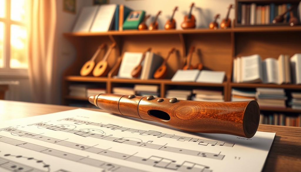 A richly detailed illustration of an ocarina notation sheet, prominently featuring classic musical notation in a clear and organized layout. The foreground showcases the notation itself, with notes beautifully arranged in standard music staff format, using vibrant colors to distinguish between different notes. In the middle ground, a polished wooden ocarina rests elegantly, catching soft, warm light that highlights its contours. The background features a softly blurred out music classroom setting, with shelves lined with various ocarina models and music books, evoking a sense of learning and progress. The atmosphere is inviting and focused, lit by gentle natural light filtering through a window, creating a serene and inspiring environment for budding musicians.
