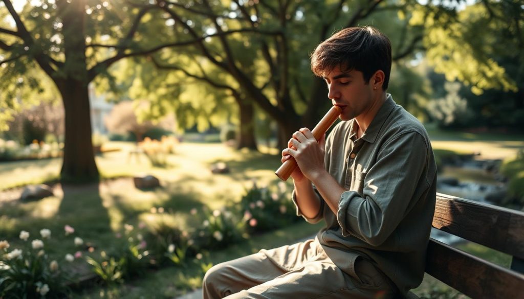 A serene and focused atmosphere capturing an advanced ocarina player in a lush outdoor setting. In the foreground, a skilled musician, dressed in modest casual clothing, is seated on a wooden bench, expertly playing a beautifully crafted ceramic ocarina. Their fingers dance gracefully over the instrument, showcasing advanced techniques like harmonics and trills. In the middle ground, soft sunlight filters through the leaves of surrounding trees, creating dappled patterns on the ground. A gentle breeze rustles nearby flowers, adding to the tranquil scene. The background features a gentle stream, contributing a peaceful soundscape. The lighting is warm and inviting, enhancing the mood of concentration and artistry, while a soft focus lens effect draws attention to the musician. The scene visually conveys the essence of mastering advanced techniques in ocarina music. A serene and focused atmosphere capturing an advanced ocarina player in a lush outdoor setting. In the foreground, a skilled musician, dressed in modest casual clothing, is seated on a wooden bench, expertly playing a beautifully crafted ceramic ocarina. Their fingers dance gracefully over the instrument, showcasing advanced techniques like harmonics and trills. In the middle ground, soft sunlight filters through the leaves of surrounding trees, creating dappled patterns on the ground. A gentle breeze rustles nearby flowers, adding to the tranquil scene. The background features a gentle stream, contributing a peaceful soundscape. The lighting is warm and inviting, enhancing the mood of concentration and artistry, while a soft focus lens effect draws attention to the musician. The scene visually conveys the essence of mastering advanced techniques in ocarina music.