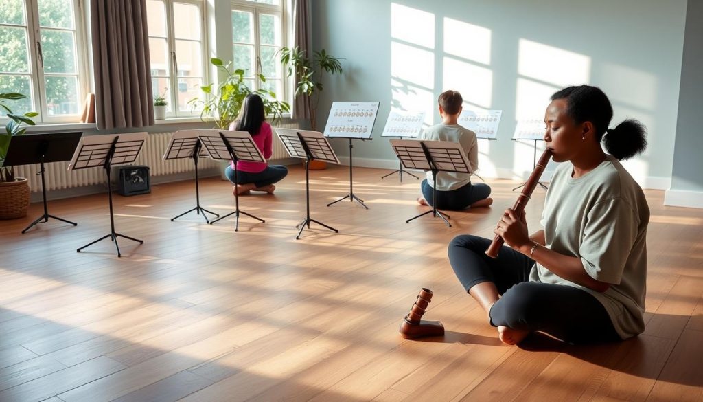 A serene indoor practice space with a wooden floor, where a diverse group of musicians are engaged in exercises aimed at fluidity in playing the ocarina. In the foreground, two musicians, one of Asian descent and the other Black, both wearing modest casual clothing, are sitting cross-legged, immersed in practicing breathing exercises. The middle ground features various scales and finger position charts displayed on music stands. Soft, natural light filters through large windows, casting gentle shadows. The background shows a calming atmosphere with indoor plants and light blue walls, evoking a sense of focus and tranquility, ideal for learning and honing skills. The overall mood is peaceful and inspiring, encouraging creativity and practice. A serene indoor practice space with a wooden floor, where a diverse group of musicians are engaged in exercises aimed at fluidity in playing the ocarina. In the foreground, two musicians, one of Asian descent and the other Black, both wearing modest casual clothing, are sitting cross-legged, immersed in practicing breathing exercises. The middle ground features various scales and finger position charts displayed on music stands. Soft, natural light filters through large windows, casting gentle shadows. The background shows a calming atmosphere with indoor plants and light blue walls, evoking a sense of focus and tranquility, ideal for learning and honing skills. The overall mood is peaceful and inspiring, encouraging creativity and practice.