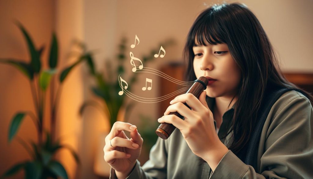 A serene, intimate setting featuring a person engaged in playing an ocarina, illustrating the importance of breath control. In the foreground, the musician, dressed in casual yet professional attire, holds the beautiful, handcrafted ocarina delicately, their lips positioned to blow gently into the instrument. The middle ground showcases soft, flowing music notes visually emanating from the ocarina, representing breath control and musical expression. In the background, a warm, softly lit room with natural elements like plants and wooden textures creates a peaceful atmosphere, enhancing concentration. The lighting is soft and diffused, creating a calming mood, with the focus sharply on the musician and the instrument, highlighting the harmony between breath control and playing music. A serene, intimate setting featuring a person engaged in playing an ocarina, illustrating the importance of breath control. In the foreground, the musician, dressed in casual yet professional attire, holds the beautiful, handcrafted ocarina delicately, their lips positioned to blow gently into the instrument. The middle ground showcases soft, flowing music notes visually emanating from the ocarina, representing breath control and musical expression. In the background, a warm, softly lit room with natural elements like plants and wooden textures creates a peaceful atmosphere, enhancing concentration. The lighting is soft and diffused, creating a calming mood, with the focus sharply on the musician and the instrument, highlighting the harmony between breath control and playing music.