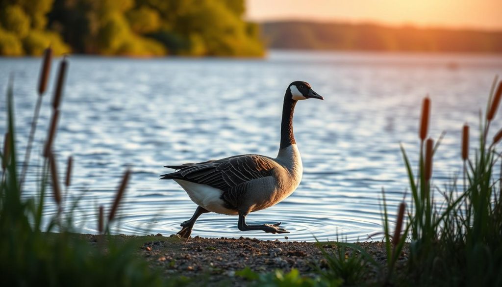 A serene lakeside scene featuring a graceful goose as the main subject, positioned prominently in the foreground. The goose is depicted in mid-stride, with its feathers glistening in the soft, warm light of a late afternoon sun, highlighting its distinctive black neck and white cheek patches. In the middle ground, gentle ripples reflect the surrounding lush greenery and wildflowers, creating a tranquil atmosphere. Faintly blurred reeds and cattails frame the scene, emphasizing the natural habitat of the goose. The background reveals a softly blurred horizon, showcasing the fading hues of the sunset sky, adding depth and warmth to the image. The overall mood is peaceful and reflective, inviting viewers to connect with the natural beauty of the setting. A serene lakeside scene featuring a graceful goose as the main subject, positioned prominently in the foreground. The goose is depicted in mid-stride, with its feathers glistening in the soft, warm light of a late afternoon sun, highlighting its distinctive black neck and white cheek patches. In the middle ground, gentle ripples reflect the surrounding lush greenery and wildflowers, creating a tranquil atmosphere. Faintly blurred reeds and cattails frame the scene, emphasizing the natural habitat of the goose. The background reveals a softly blurred horizon, showcasing the fading hues of the sunset sky, adding depth and warmth to the image. The overall mood is peaceful and reflective, inviting viewers to connect with the natural beauty of the setting.