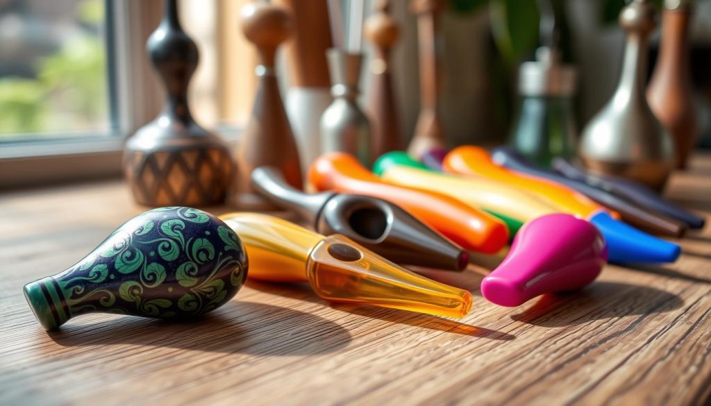 A vibrant display of modern ocarinas in various shapes and materials, arranged artfully on a softly lit wooden surface. In the foreground, showcase an intricately designed ceramic ocarina with a glossy finish, featuring ornate patterns in deep blue and green hues. Next to it, include a sleek, contemporary plastic ocarina in bright colors, highlighting its modern versatility. In the background, a softly blurred collection of ocarinas made from different materials like metal and wood, providing contrast in textures. Natural light filters in from a nearby window, creating gentle reflections and shadows that enhance the mood of creativity and musicality. The angle captures the instruments from a slightly elevated perspective, inviting viewers to appreciate their craftsmanship and diversity. A vibrant display of modern ocarinas in various shapes and materials, arranged artfully on a softly lit wooden surface. In the foreground, showcase an intricately designed ceramic ocarina with a glossy finish, featuring ornate patterns in deep blue and green hues. Next to it, include a sleek, contemporary plastic ocarina in bright colors, highlighting its modern versatility. In the background, a softly blurred collection of ocarinas made from different materials like metal and wood, providing contrast in textures. Natural light filters in from a nearby window, creating gentle reflections and shadows that enhance the mood of creativity and musicality. The angle captures the instruments from a slightly elevated perspective, inviting viewers to appreciate their craftsmanship and diversity.