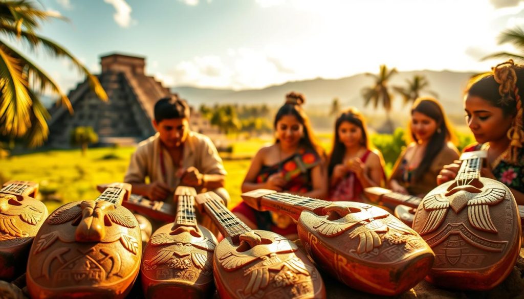 A vibrant scene depicting traditional Mesoamerican cultures with ocarinas prominently featured in the foreground. The ocarinas, crafted from clay and decorated with intricate patterns, showcase cultural motifs like jaguars and eagles. In the middle ground, a group of artists, dressed in modest traditional clothing, are engaged in crafting and playing ocarinas, their expressions focused and joyful. The background reveals a lush landscape with ancient pyramids and palm trees, bathed in warm, golden sunlight that casts dynamic shadows. The atmosphere conveys a sense of heritage and artistry, celebrating the connection between music and cultural identity. The image should have a soft depth of field, emphasizing the foreground elements with a slight blur on the background to enhance the sense of immersion. A vibrant scene depicting traditional Mesoamerican cultures with ocarinas prominently featured in the foreground. The ocarinas, crafted from clay and decorated with intricate patterns, showcase cultural motifs like jaguars and eagles. In the middle ground, a group of artists, dressed in modest traditional clothing, are engaged in crafting and playing ocarinas, their expressions focused and joyful. The background reveals a lush landscape with ancient pyramids and palm trees, bathed in warm, golden sunlight that casts dynamic shadows. The atmosphere conveys a sense of heritage and artistry, celebrating the connection between music and cultural identity. The image should have a soft depth of field, emphasizing the foreground elements with a slight blur on the background to enhance the sense of immersion.