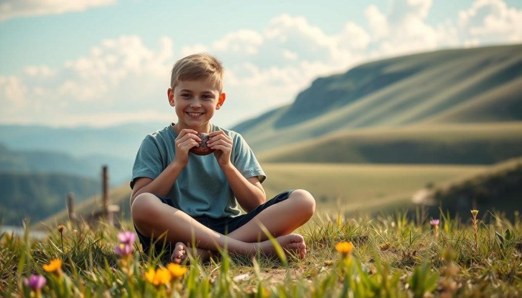 A young person sitting cross-legged on a grassy hillside, playing an ocarina with a look of concentration and joy. In the foreground, the ocarina is held delicately in their hands, showcasing its intricate ceramic details. The middle ground features vibrant wildflowers and soft blades of grass gently swaying in the breeze. In the background, a serene landscape unfolds with rolling hills and a gentle blue sky dotted with fluffy white clouds. The lighting is warm and natural, casting soft shadows and highlighting the contours of the person's face and the instrument. The mood is peaceful and contemplative, evoking a sense of connection to nature and music. A young person sitting cross-legged on a grassy hillside, playing an ocarina with a look of concentration and joy. In the foreground, the ocarina is held delicately in their hands, showcasing its intricate ceramic details. The middle ground features vibrant wildflowers and soft blades of grass gently swaying in the breeze. In the background, a serene landscape unfolds with rolling hills and a gentle blue sky dotted with fluffy white clouds. The lighting is warm and natural, casting soft shadows and highlighting the contours of the person's face and the instrument. The mood is peaceful and contemplative, evoking a sense of connection to nature and music.