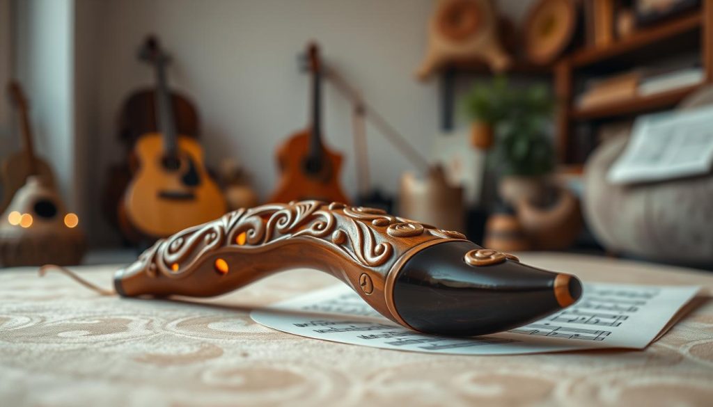 An elaborate hybrid ocarina crafted from a blend of natural clay and modern materials, showcasing intricate carvings and a glossy finish. In the foreground, the ocarina is elegantly positioned on a softly textured velvet fabric, reflecting warm, diffused lighting that highlights its curves and details. The middle ground features a set of sheet music with clearly visible notes, suggesting a sense of learning and exploration. The background is softly blurred, hinting at a cozy, well-lit music room filled with shelves of musical instruments and a gentle atmosphere. The overall mood is inviting and inspirational, conveying a sense of curiosity and transition into the world of music. The composition uses a shallow depth of field to emphasize the ocarina as the focal point.