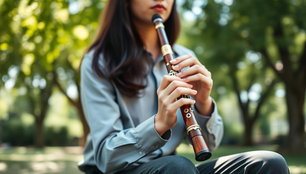 An elegant musician sitting in a serene outdoor setting, skillfully holding an ocarina, demonstrating correct posture and grip techniques. The focus is on their hands delicately positioned on the instrument, showcasing finger placements while maintaining a relaxed yet attentive stance. The musician is dressed in a smart casual outfit, consisting of a collared shirt and slacks, appropriate for a performance. Soft, natural sunlight filters through lush green trees in the background, creating dappled light effects and giving a tranquil ambiance. A shallow depth of field emphasizes the ocarina and hands while softly blurring the background, evoking a peaceful atmosphere ideal for learning and understanding the nuances of playing the instrument. The overall mood is inviting and educational, perfect for illustrating the section on posture and instrument handling. An elegant musician sitting in a serene outdoor setting, skillfully holding an ocarina, demonstrating correct posture and grip techniques. The focus is on their hands delicately positioned on the instrument, showcasing finger placements while maintaining a relaxed yet attentive stance. The musician is dressed in a smart casual outfit, consisting of a collared shirt and slacks, appropriate for a performance. Soft, natural sunlight filters through lush green trees in the background, creating dappled light effects and giving a tranquil ambiance. A shallow depth of field emphasizes the ocarina and hands while softly blurring the background, evoking a peaceful atmosphere ideal for learning and understanding the nuances of playing the instrument. The overall mood is inviting and educational, perfect for illustrating the section on posture and instrument handling.