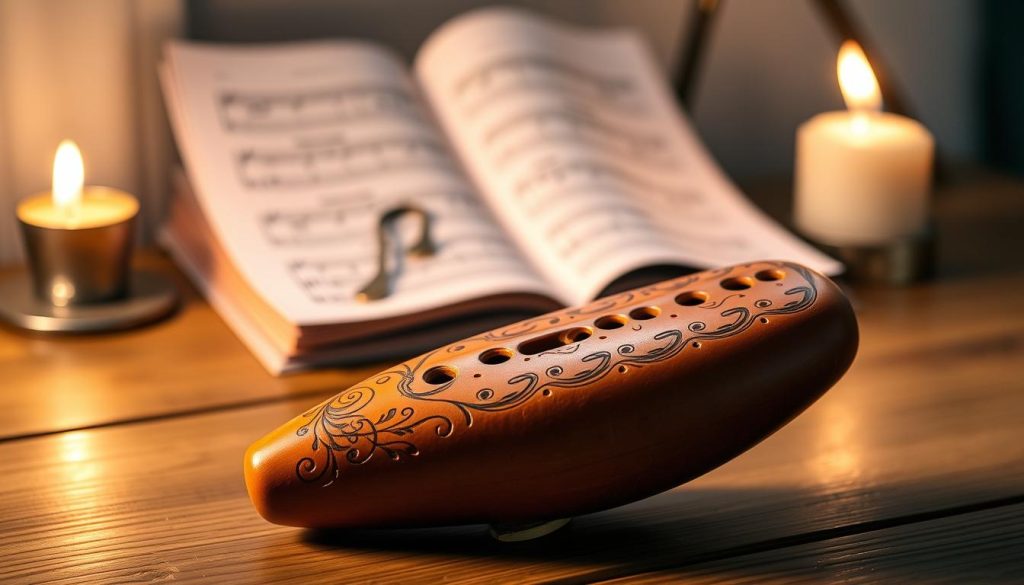 An intricately designed alto C ocarina with 12 holes, prominently displayed in the foreground. The ocarina features a rich clay texture, adorned with elegant engravings and a glossy finish that reflects soft, warm lighting from the side. In the middle background, a wooden table with sheet music and a gently flickering candle creates a cozy, inviting atmosphere. The setting is softly illuminated, enhancing the warm hues of the ocarina and the wooden textures. The overall mood is serene and artistic, perfect for illustrating the thoughtful selection of a first musical instrument, inviting viewers to explore the world of music with a sense of curiosity and warmth. An intricately designed alto C ocarina with 12 holes, prominently displayed in the foreground. The ocarina features a rich clay texture, adorned with elegant engravings and a glossy finish that reflects soft, warm lighting from the side. In the middle background, a wooden table with sheet music and a gently flickering candle creates a cozy, inviting atmosphere. The setting is softly illuminated, enhancing the warm hues of the ocarina and the wooden textures. The overall mood is serene and artistic, perfect for illustrating the thoughtful selection of a first musical instrument, inviting viewers to explore the world of music with a sense of curiosity and warmth.