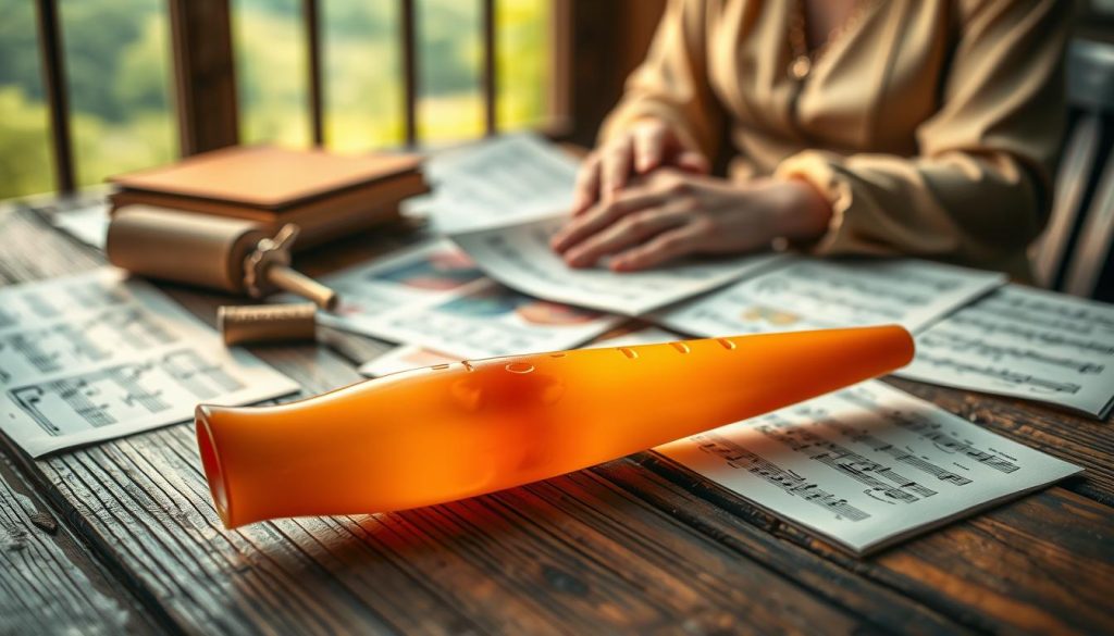 A beautifully arranged scene featuring a vibrant ocarina resting on a rustic wooden table, surrounded by colorful sheet music scattered around. In the foreground, the ocarina gleams softly under warm, golden lighting, highlighting its smooth curves and intricate designs. The middle ground includes a pair of hands gently playing the ocarina, adorned in elegant yet modest attire, conveying focus and creativity. In the background, hints of a serene landscape can be seen through a window, with softly blurred greenery to enhance the artistic ambiance. The overall mood is uplifting and inspirational, evoking a sense of musical harmony and creativity in a natural setting. Capture the essence of enriching musical interpretation. A beautifully arranged scene featuring a vibrant ocarina resting on a rustic wooden table, surrounded by colorful sheet music scattered around. In the foreground, the ocarina gleams softly under warm, golden lighting, highlighting its smooth curves and intricate designs. The middle ground includes a pair of hands gently playing the ocarina, adorned in elegant yet modest attire, conveying focus and creativity. In the background, hints of a serene landscape can be seen through a window, with softly blurred greenery to enhance the artistic ambiance. The overall mood is uplifting and inspirational, evoking a sense of musical harmony and creativity in a natural setting. Capture the essence of enriching musical interpretation.