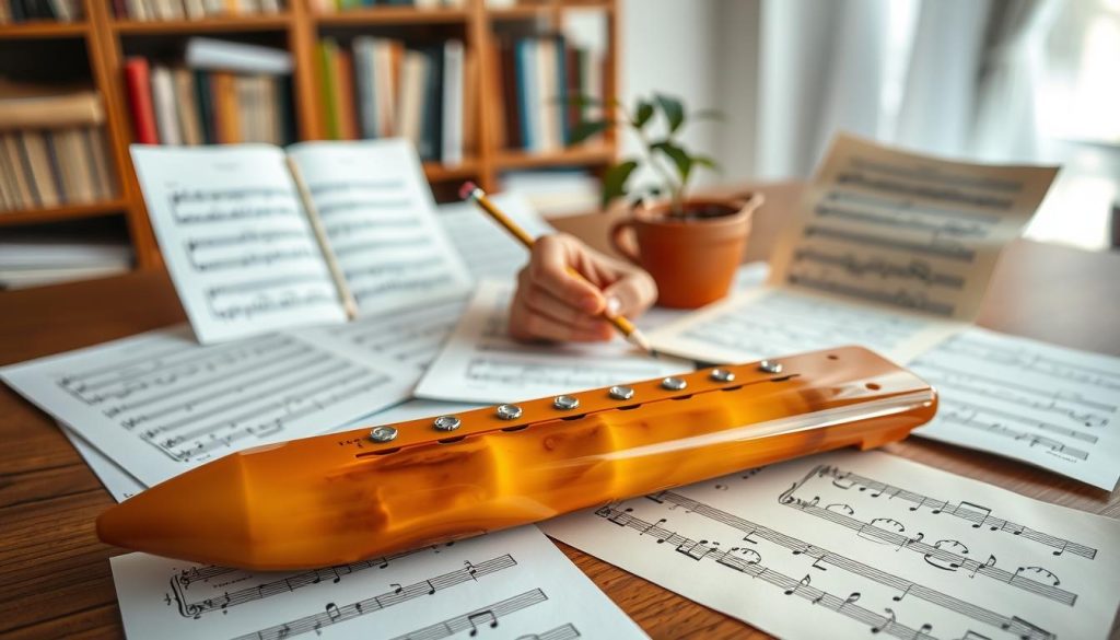 A beautifully arranged scene featuring an array of colorful sheet music and tablatures specifically for the ocarina, scattered across a wooden table. In the foreground, focus on a vibrant ocarina in an earth tone finish, glistening under warm, soft lighting. The sheet music displays notes and symbols, evoking melodies similar to those found in the iconic Zelda soundtrack. In the middle, include a pair of hands gently holding a pencil, poised to annotate the sheets with musical notes. The background should be softly blurred shelves filled with music books and a small potted plant to add a touch of life. The overall atmosphere is warm and inviting, fostering a sense of creativity and musical exploration, ideal for anyone wishing to learn melodies on the ocarina. A beautifully arranged scene featuring an array of colorful sheet music and tablatures specifically for the ocarina, scattered across a wooden table. In the foreground, focus on a vibrant ocarina in an earth tone finish, glistening under warm, soft lighting. The sheet music displays notes and symbols, evoking melodies similar to those found in the iconic Zelda soundtrack. In the middle, include a pair of hands gently holding a pencil, poised to annotate the sheets with musical notes. The background should be softly blurred shelves filled with music books and a small potted plant to add a touch of life. The overall atmosphere is warm and inviting, fostering a sense of creativity and musical exploration, ideal for anyone wishing to learn melodies on the ocarina.