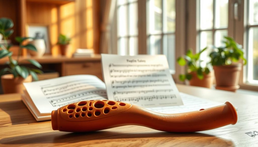 A beautifully crafted breath ocarina, made from rich clay with intricate carvings, sits prominently in the foreground. The ocarina should be shown at a slight angle, highlighting its smooth curves and the charming holes used for playing. In the middle ground, soft sheets of music and a beginner's tablature for the ocarina are gently scattered, hinting at the learning process. The background features a warm, inviting room with natural light filtering through a window, casting soft shadows and creating a serene atmosphere. A few green plants and a wooden desk complete the scene, emphasizing a cozy, artistic space perfect for practice. The overall mood should be encouraging and tranquil, inspiring budding musicians to embrace their ocarina journey. A beautifully crafted breath ocarina, made from rich clay with intricate carvings, sits prominently in the foreground. The ocarina should be shown at a slight angle, highlighting its smooth curves and the charming holes used for playing. In the middle ground, soft sheets of music and a beginner's tablature for the ocarina are gently scattered, hinting at the learning process. The background features a warm, inviting room with natural light filtering through a window, casting soft shadows and creating a serene atmosphere. A few green plants and a wooden desk complete the scene, emphasizing a cozy, artistic space perfect for practice. The overall mood should be encouraging and tranquil, inspiring budding musicians to embrace their ocarina journey.