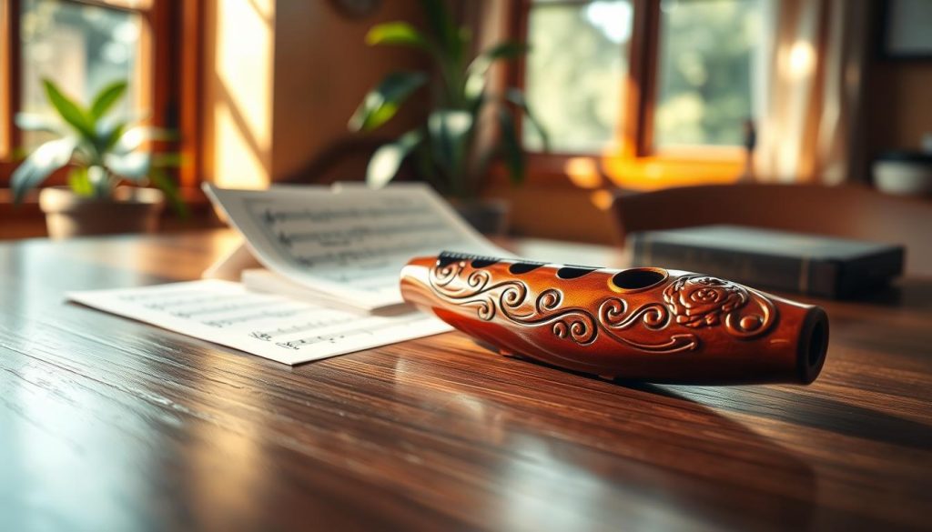 A beautifully crafted intonation ocarina resting on a polished wooden table. The foreground features the ocarina, detailed with intricate carvings and a glossy finish that reflects soft natural light. In the middle ground, a sheet of music is partially visible, with notes hinting at a catchy melody. The background fades into a warm, softly blurred environment resembling a cozy practice space, with greenery visible through a nearby window, adding a serene touch. The scene is illuminated by gentle sunlight, creating an inviting and focused atmosphere. Capture this from a slightly elevated angle to emphasize the craftsmanship of the ocarina, ensuring the overall mood conveys a sense of artistic reflection and focus on musical learning.