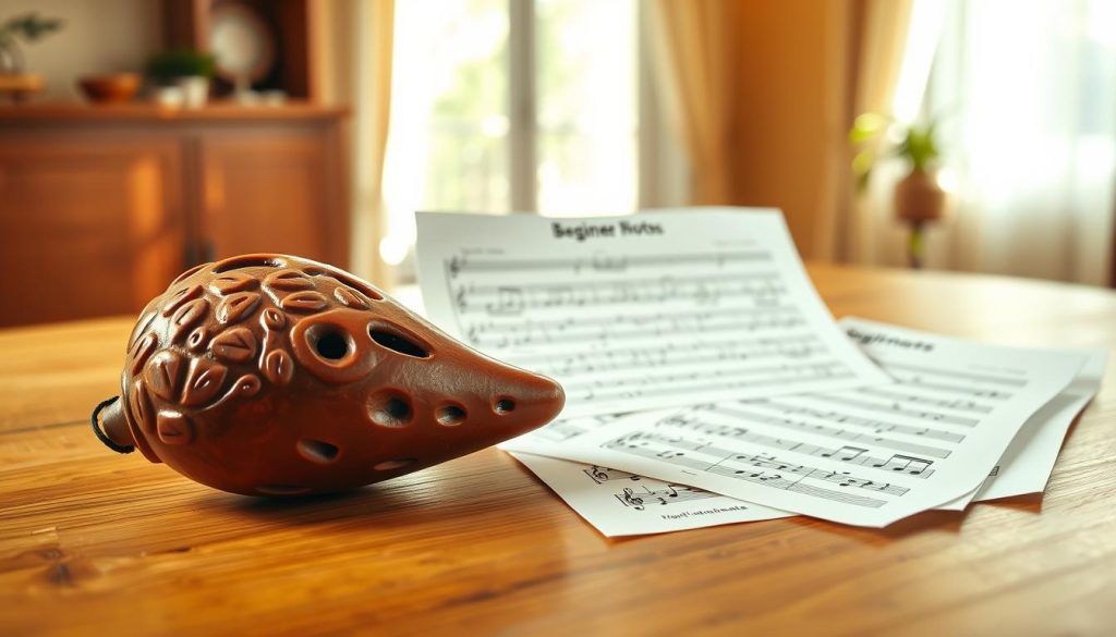A beautifully crafted ocarina made of clay, displayed prominently in the foreground on a wooden table. It features intricate carvings and a rich glaze that reflects soft, natural light. In the middle ground, sheets of colorful tablature music are neatly spread out, showcasing beginner notes and finger placements for the ocarina, emphasizing the simplicity of learning. The background is softly blurred, revealing a warm, inviting room with sunlight filtering through a window, creating a calm and inspiring atmosphere. The lighting is bright yet soft, enhancing the textures of the ocarina and music sheets. The image conveys a sense of creativity and accessibility, ideal for a beginner’s introduction to the ocarina. A beautifully crafted ocarina made of clay, displayed prominently in the foreground on a wooden table. It features intricate carvings and a rich glaze that reflects soft, natural light. In the middle ground, sheets of colorful tablature music are neatly spread out, showcasing beginner notes and finger placements for the ocarina, emphasizing the simplicity of learning. The background is softly blurred, revealing a warm, inviting room with sunlight filtering through a window, creating a calm and inspiring atmosphere. The lighting is bright yet soft, enhancing the textures of the ocarina and music sheets. The image conveys a sense of creativity and accessibility, ideal for a beginner’s introduction to the ocarina.