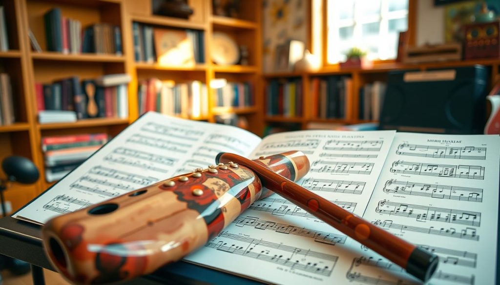 A beautifully designed hybrid ocarina resting on an open music stand, surrounded by colorful tablature sheets filled with musical notes and finger positions. The foreground features the intricate details of the ocarina, showcasing its glossy glaze and unique shape, reflecting soft natural light. In the middle ground, the music sheets are artistically scattered, each displaying different sections of hybrid tablature for easy reading. The background is a warm, inviting room with wooden shelves filled with musical instruments and books, creating a cozy atmosphere. The scene is softly illuminated, casting gentle shadows and enhancing the focal point on the ocarina and sheet music, evoking a sense of creativity and inspiration in music learning. A beautifully designed hybrid ocarina resting on an open music stand, surrounded by colorful tablature sheets filled with musical notes and finger positions. The foreground features the intricate details of the ocarina, showcasing its glossy glaze and unique shape, reflecting soft natural light. In the middle ground, the music sheets are artistically scattered, each displaying different sections of hybrid tablature for easy reading. The background is a warm, inviting room with wooden shelves filled with musical instruments and books, creating a cozy atmosphere. The scene is softly illuminated, casting gentle shadows and enhancing the focal point on the ocarina and sheet music, evoking a sense of creativity and inspiration in music learning.