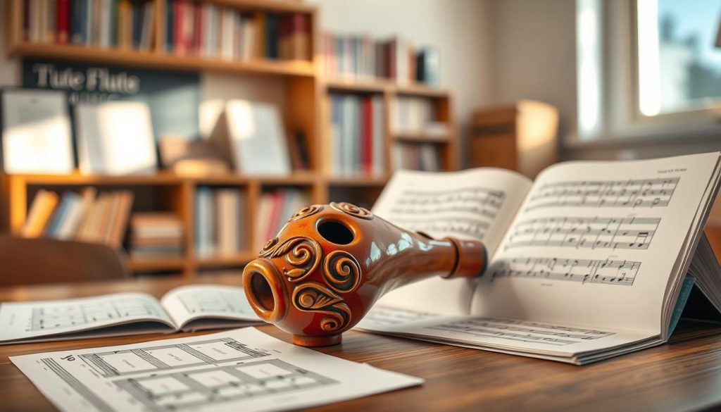 A beautifully detailed ocarina displayed prominently in the foreground, featuring its smooth ceramic surface, intricate carvings, and vibrant glazes reflecting light softly. Surrounding the ocarina are open sheet music and simple tablatures representing classic flute pieces, elegantly laid out on a wooden table. In the background, a softly blurred musical classroom setting enhances the atmosphere of learning, with shelves filled with music books and a gentle light streaming in from a nearby window, creating an inviting and inspiring ambiance. The focus is on the ocarina and the sheet music, capturing the essence of music education while evoking a sense of curiosity and creativity. The lighting is warm and natural, with a shallow depth of field to emphasize the ocarina as the central subject. A beautifully detailed ocarina displayed prominently in the foreground, featuring its smooth ceramic surface, intricate carvings, and vibrant glazes reflecting light softly. Surrounding the ocarina are open sheet music and simple tablatures representing classic flute pieces, elegantly laid out on a wooden table. In the background, a softly blurred musical classroom setting enhances the atmosphere of learning, with shelves filled with music books and a gentle light streaming in from a nearby window, creating an inviting and inspiring ambiance. The focus is on the ocarina and the sheet music, capturing the essence of music education while evoking a sense of curiosity and creativity. The lighting is warm and natural, with a shallow depth of field to emphasize the ocarina as the central subject.