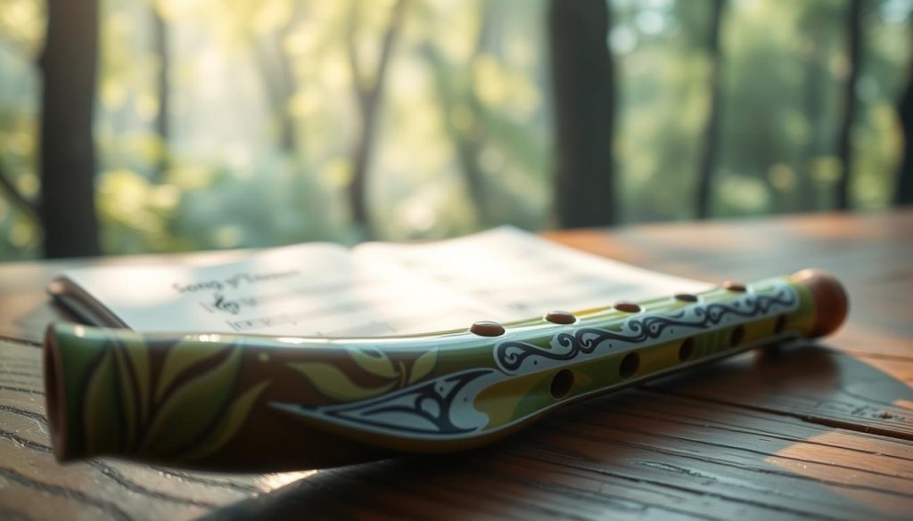 A close-up view of a beautifully crafted ocarina, intricately designed with patterns inspired by nature, placed on a wooden table. In the foreground, the ocarina glistens under soft, natural lighting, highlighting its glossy finish. In the middle ground, sheet music is partially visible, with notes indicating the "Song of Storms." The background features a dreamy blurred landscape of a tranquil forest, dappled with sunlight filtering through the leaves, evoking a sense of serenity and nostalgia. The overall mood is tranquil and inviting, suggesting a peaceful moment of music-making, encapsulating the essence of mastering the melody step by step. The angle should emphasize depth, creating an intimate atmosphere for aspiring musicians. A close-up view of a beautifully crafted ocarina, intricately designed with patterns inspired by nature, placed on a wooden table. In the foreground, the ocarina glistens under soft, natural lighting, highlighting its glossy finish. In the middle ground, sheet music is partially visible, with notes indicating the "Song of Storms." The background features a dreamy blurred landscape of a tranquil forest, dappled with sunlight filtering through the leaves, evoking a sense of serenity and nostalgia. The overall mood is tranquil and inviting, suggesting a peaceful moment of music-making, encapsulating the essence of mastering the melody step by step. The angle should emphasize depth, creating an intimate atmosphere for aspiring musicians.