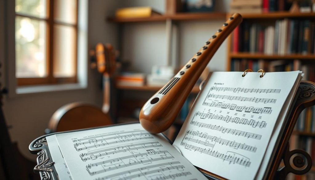 A detailed close-up of a beautiful wooden ocarina resting atop an ornate music stand, with an intricate tablature sheet displayed prominently beside it. The sheet music vividly illustrates notes and fingerings for the ocarina, accentuated by soft, diffused natural light filtering in from a nearby window, creating a warm and inviting atmosphere. In the background, blurred shelves filled with music books and instruments hint at a cozy music room, evoking a sense of creativity and learning. The lens captures a shallow depth of field to focus on the ocarina and tablature, while maintaining an artistic, serene mood, perfect for encouraging budding musicians to master their craft. The composition should be clean and professional, free of any text or distractions.