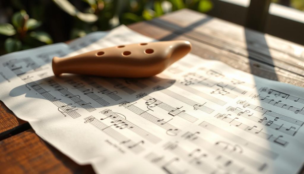 A detailed close-up of an ocarina tablature sheet, beautifully arranged on a rustic wooden table. The tablature features clear, handwritten notes and symbols, showcasing simple melodies for beginners. In the foreground, a ceramic ocarina in a soft, earthy tone rests beside the tablature, reflecting natural light. The middle layer includes gentle shadows to create depth, highlighting the texture of the paper and the smooth surface of the ocarina. In the background, soft, out-of-focus greenery hints at a peaceful outdoor setting, evoking a serene atmosphere conducive to music learning. The overall mood is warm and inviting, encouraging creativity and exploration in music, with soft, diffused lighting enhancing the tranquil scene. A detailed close-up of an ocarina tablature sheet, beautifully arranged on a rustic wooden table. The tablature features clear, handwritten notes and symbols, showcasing simple melodies for beginners. In the foreground, a ceramic ocarina in a soft, earthy tone rests beside the tablature, reflecting natural light. The middle layer includes gentle shadows to create depth, highlighting the texture of the paper and the smooth surface of the ocarina. In the background, soft, out-of-focus greenery hints at a peaceful outdoor setting, evoking a serene atmosphere conducive to music learning. The overall mood is warm and inviting, encouraging creativity and exploration in music, with soft, diffused lighting enhancing the tranquil scene.