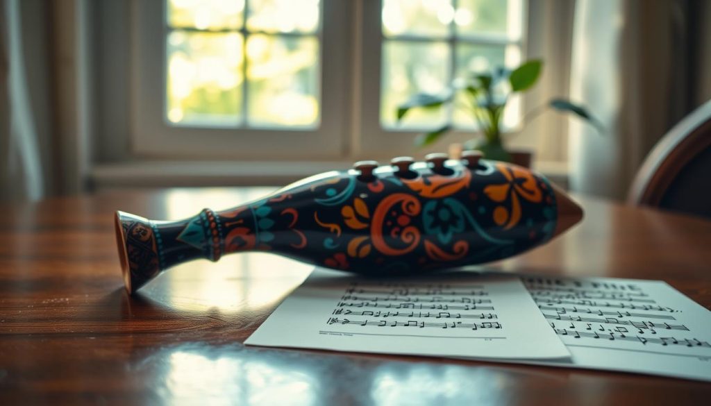 A detailed close-up of an ornate souffle ocarina resting on a polished wooden table, showcasing its unique shape and vibrant colors. The ocarina's intricate design features hand-painted tribal motifs, with a glossy finish reflecting soft, warm sunlight filtering in through a nearby window. Surrounding the ocarina, gently scattered sheet music with simple melodies, emphasizing the learning aspect of playing this instrument. In the background, blurred greenery from an open window creates a serene atmosphere. The focus is on the ocarina's details, captured from a slightly elevated angle to highlight its curves. The mood is calm and inviting, perfect for an intimate music-learning environment. A detailed close-up of an ornate souffle ocarina resting on a polished wooden table, showcasing its unique shape and vibrant colors. The ocarina's intricate design features hand-painted tribal motifs, with a glossy finish reflecting soft, warm sunlight filtering in through a nearby window. Surrounding the ocarina, gently scattered sheet music with simple melodies, emphasizing the learning aspect of playing this instrument. In the background, blurred greenery from an open window creates a serene atmosphere. The focus is on the ocarina's details, captured from a slightly elevated angle to highlight its curves. The mood is calm and inviting, perfect for an intimate music-learning environment.