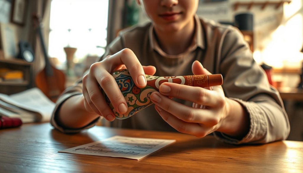 A hands-on close-up of a young musician preparing to play an ocarina, showcasing a beautiful handcrafted ceramic ocarina with intricate designs in vibrant colors. The musician, wearing a simple yet stylish casual outfit, sits at a wooden table in a warmly lit room filled with musical notes and instruments in the background. Soft natural light streams in from a nearby window, casting a gentle glow on the ocarina, highlighting its curves and texture. The musician's fingers gracefully position the ocarina, demonstrating proper posture and grip, embodying focus and excitement. The atmosphere is serene and artistic, inviting viewers into the world of music creation. The scene captures the essence of preparing to play, emphasizing attention to detail and craftsmanship. A hands-on close-up of a young musician preparing to play an ocarina, showcasing a beautiful handcrafted ceramic ocarina with intricate designs in vibrant colors. The musician, wearing a simple yet stylish casual outfit, sits at a wooden table in a warmly lit room filled with musical notes and instruments in the background. Soft natural light streams in from a nearby window, casting a gentle glow on the ocarina, highlighting its curves and texture. The musician's fingers gracefully position the ocarina, demonstrating proper posture and grip, embodying focus and excitement. The atmosphere is serene and artistic, inviting viewers into the world of music creation. The scene captures the essence of preparing to play, emphasizing attention to detail and craftsmanship.